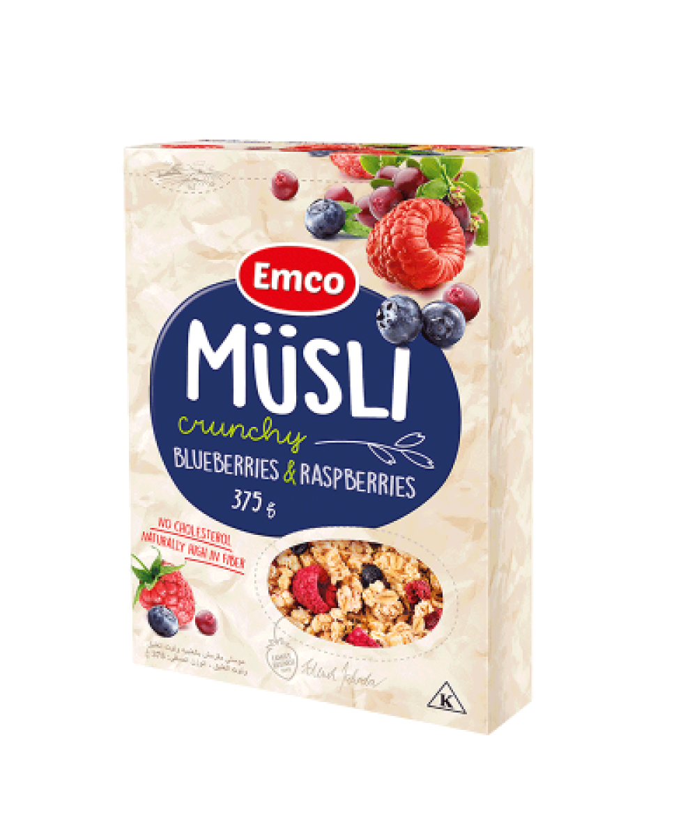 EMCO CRUNCHY MUESLI RASPBERRY BLUEBERRY 375G